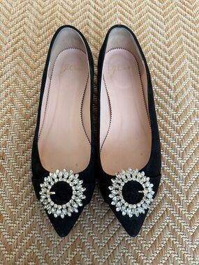 J. Crew Black Pointed-Toe Flats with Crystal Circle Buckles